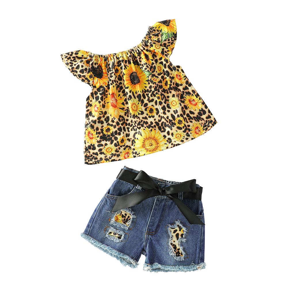 Girls Sleeveless Sunflower Leopard Printed Top & Denim Shorts baby clothes wholesale usa