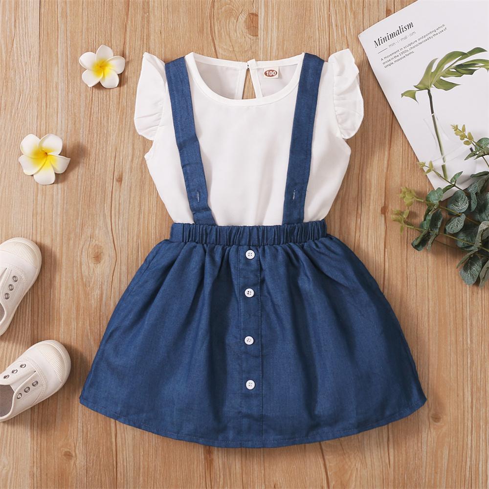 Girls Sleeveless T-shirt & Denim Suspender Skirt trendy kids wholesale clothing