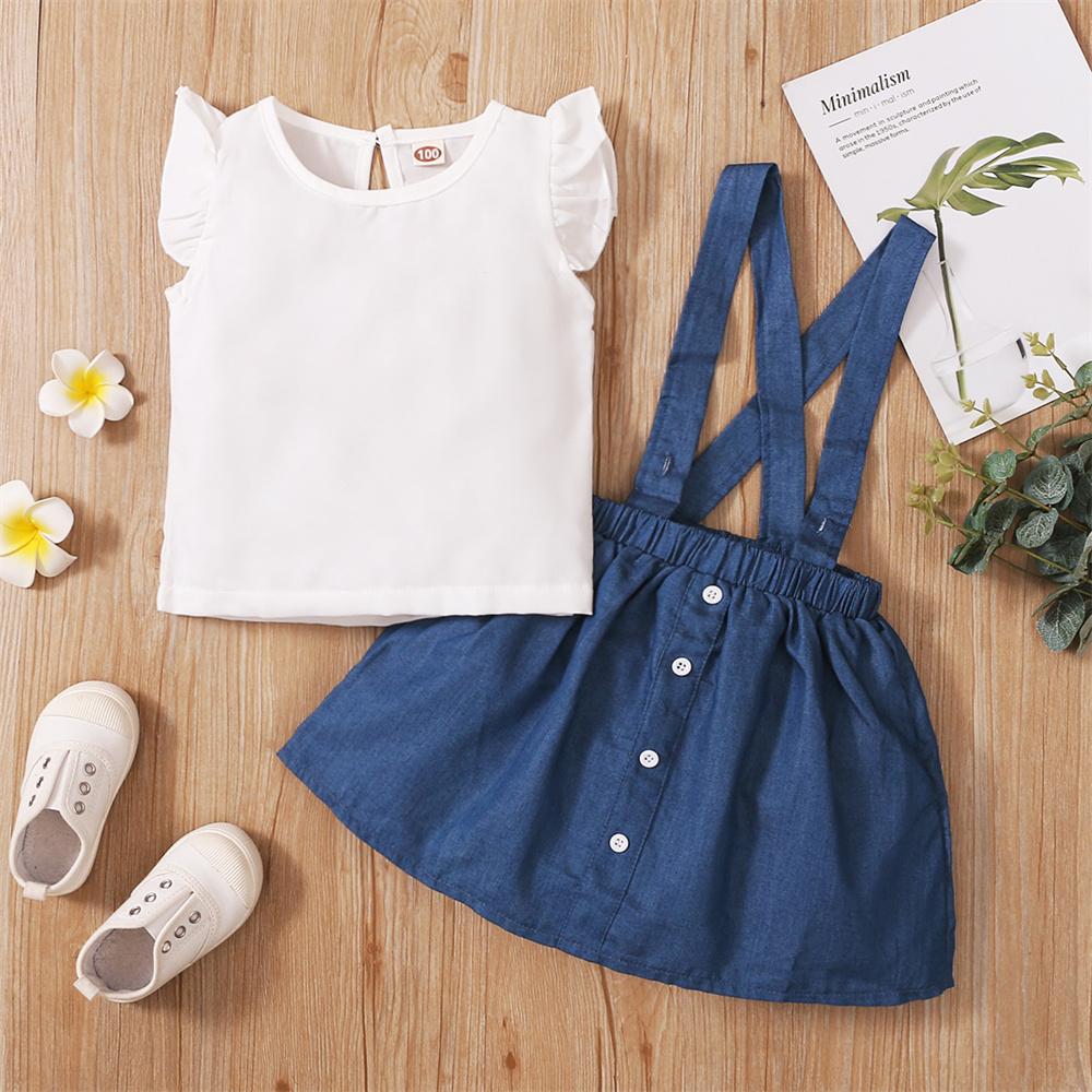 Girls Sleeveless T-shirt & Denim Suspender Skirt trendy kids wholesale clothing