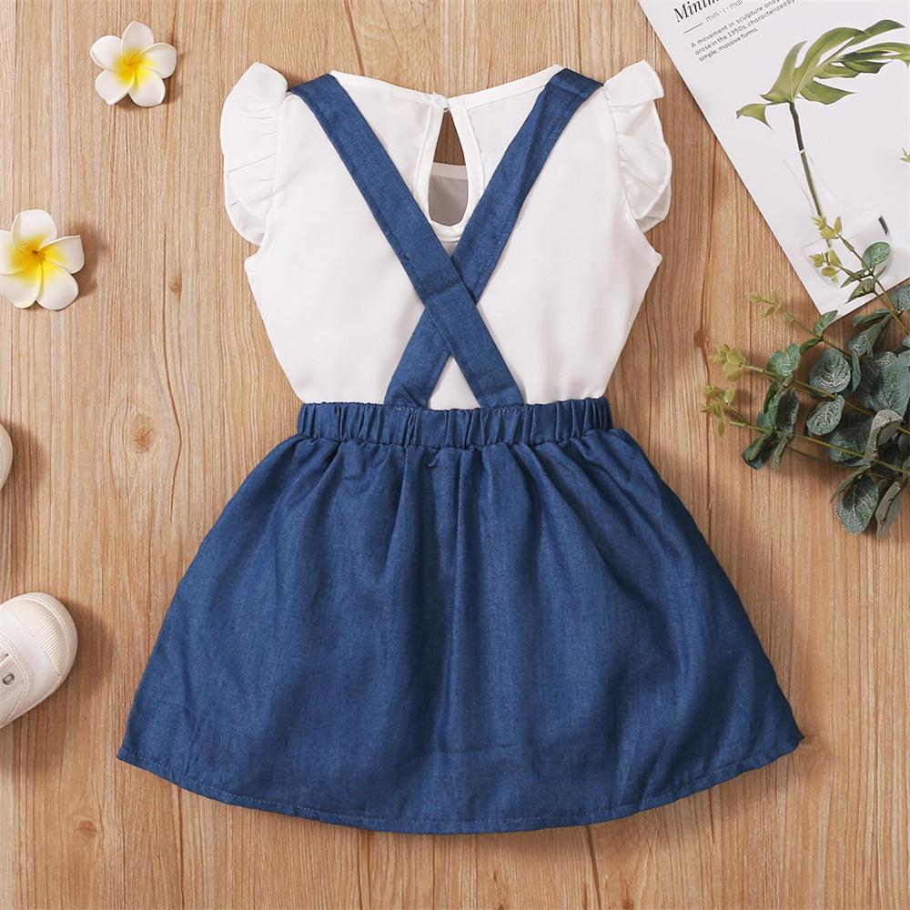 Girls Sleeveless T-shirt & Denim Suspender Skirt trendy kids wholesale clothing