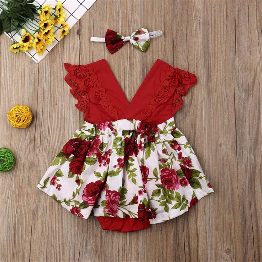 Baby Girls Sleeveless V-Neck Floral Printed Romper & Headband Wholesale Baby Clothes
