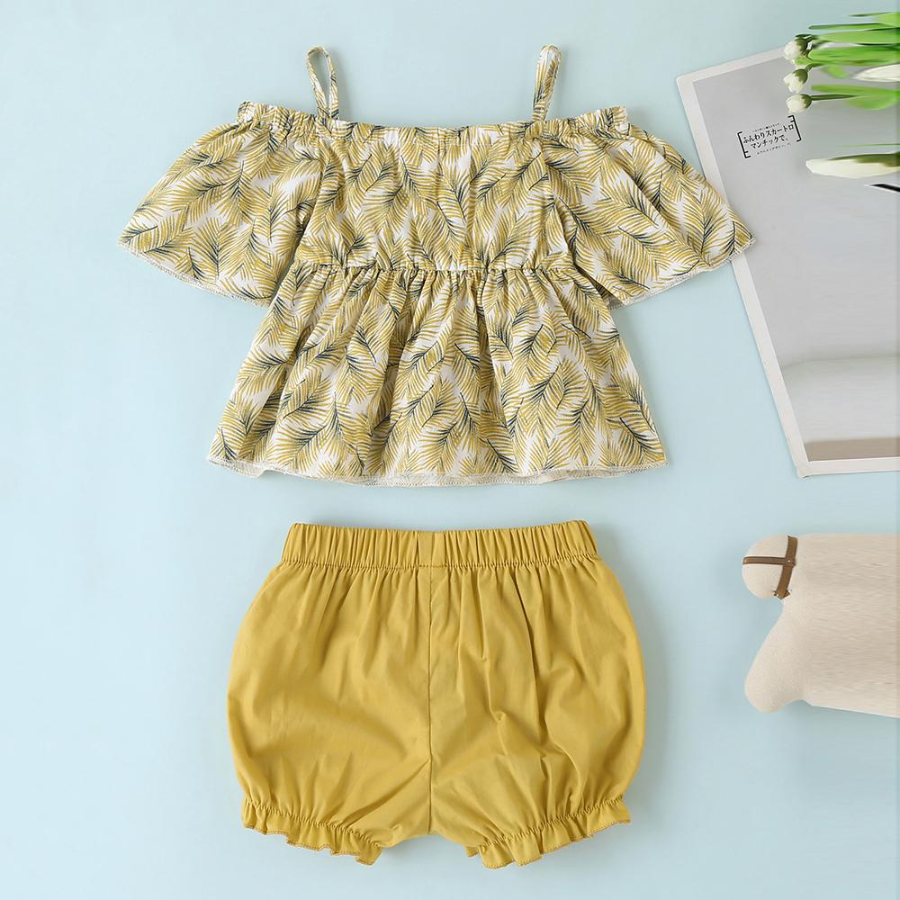 Baby Girls Sling Short Sleeve Leaves Printed Top & Solid Shorts Baby Clothing Wholesale Distributors