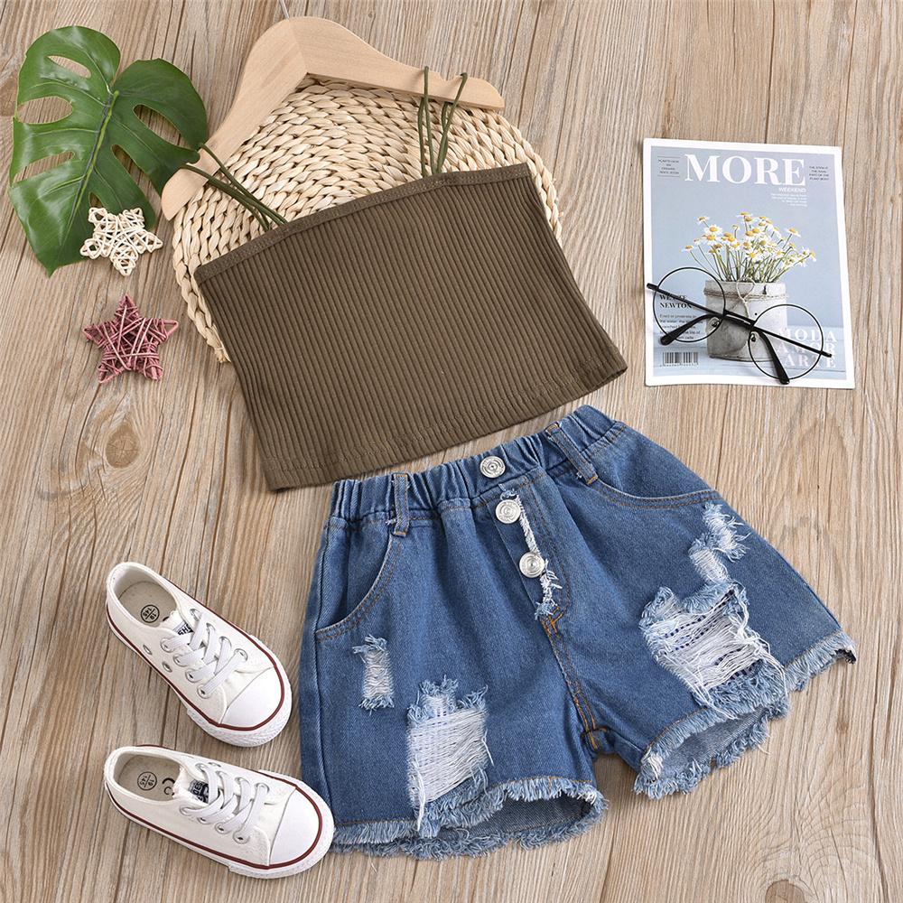 Girls Sling Solid Top & Denim Shorts kids wholesale clothing