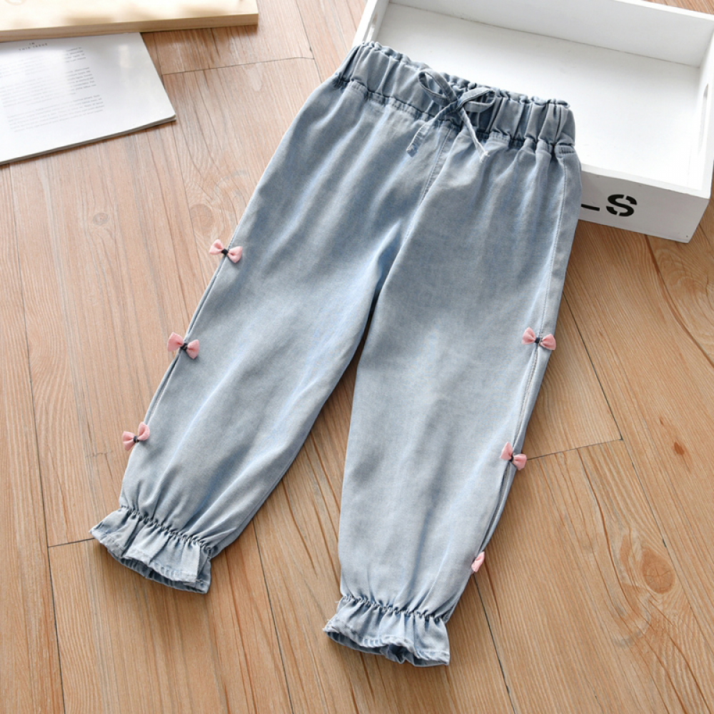 Girls Solid Bow Denim Pants Wholesale Kid Clothes Supplier