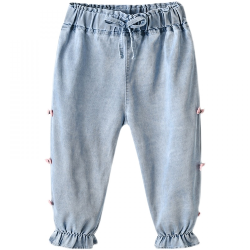 Girls Solid Bow Denim Pants Wholesale Kid Clothes Supplier