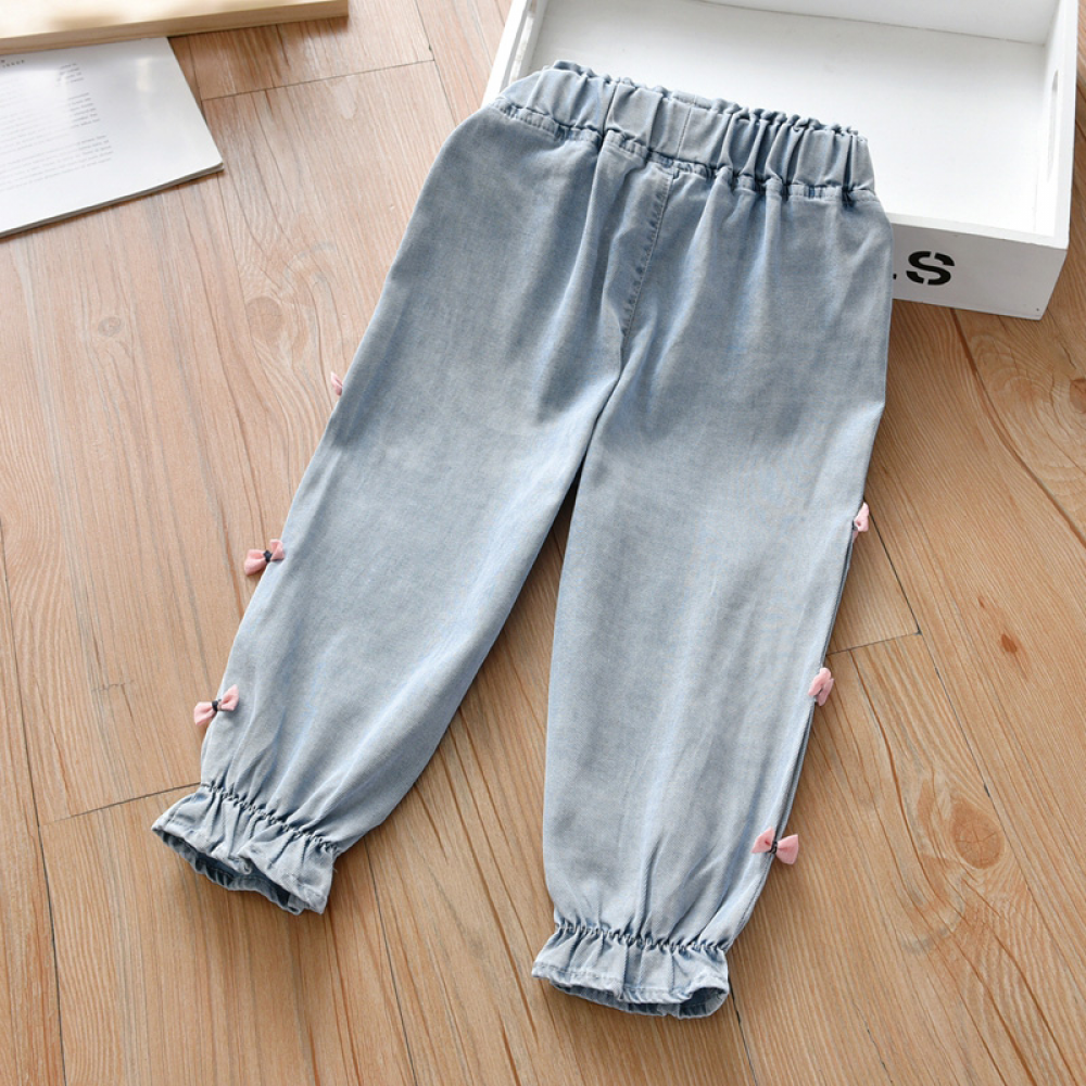 Girls Solid Bow Denim Pants Wholesale Kid Clothes Supplier