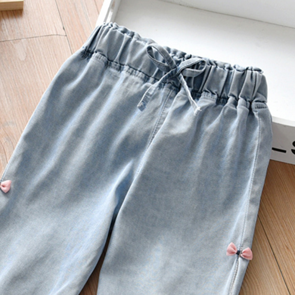 Girls Solid Bow Denim Pants Wholesale Kid Clothes Supplier