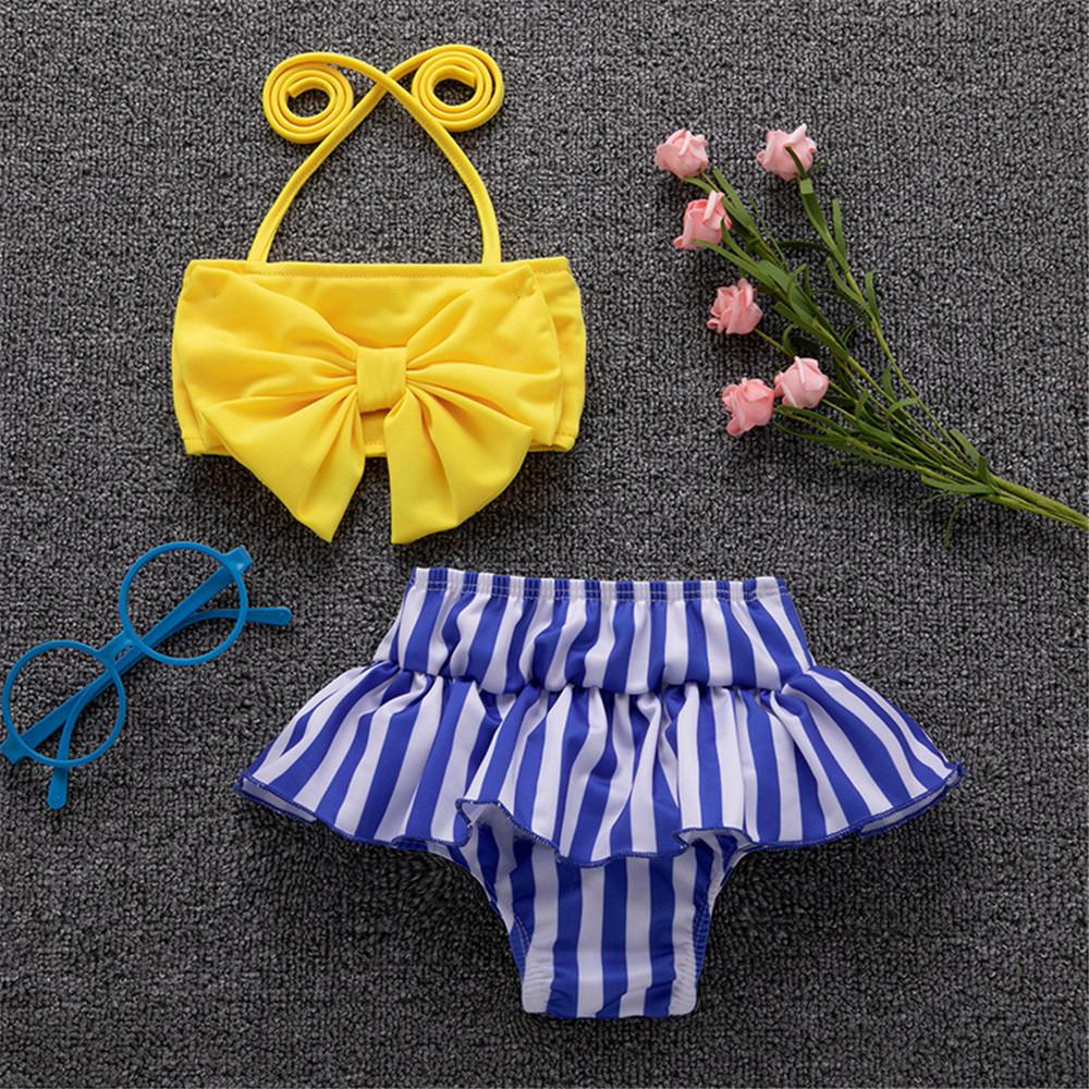Girls Solid Bow Top & Striped Shorts Swimming Suit 2 Piece Swimsuit With Shorts