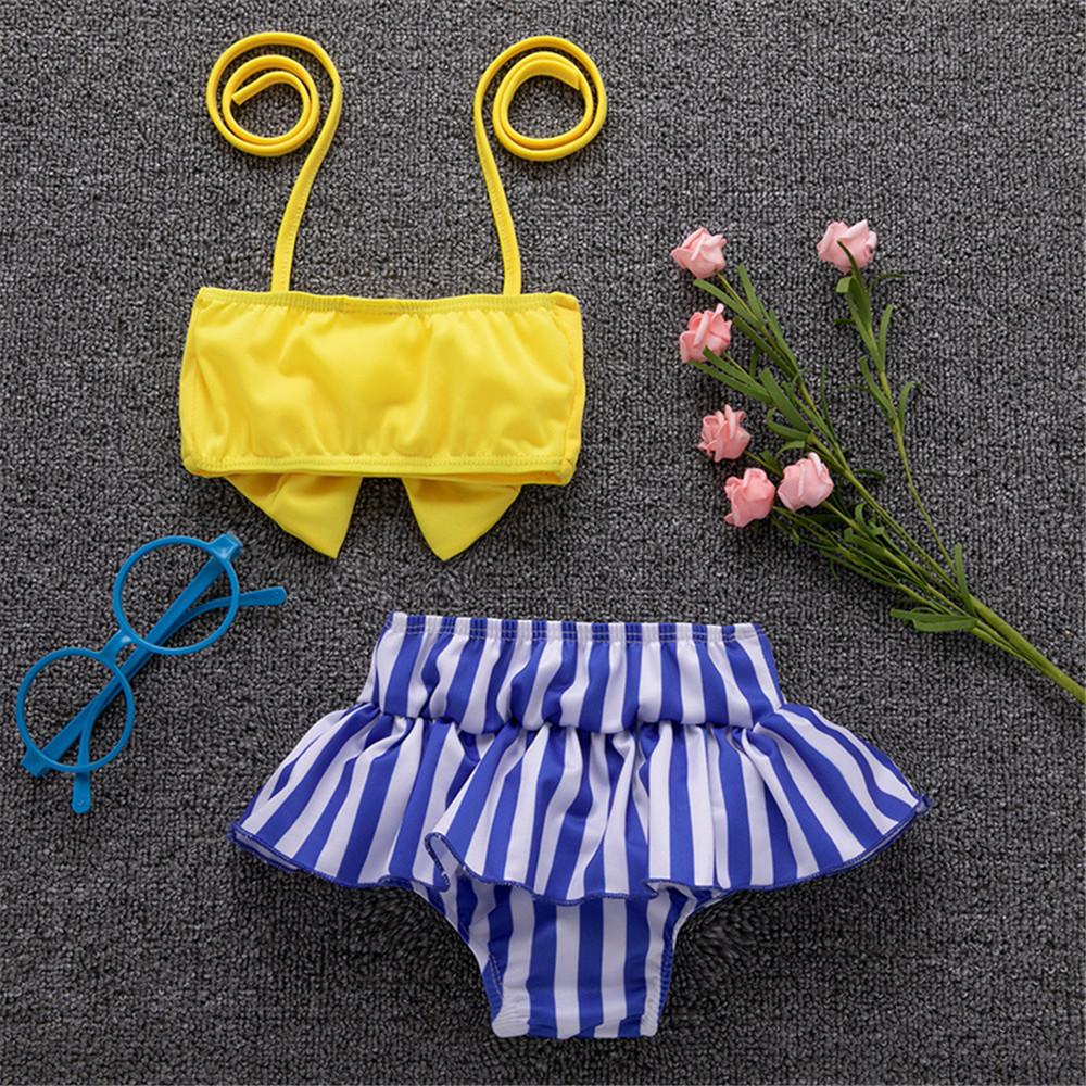 Girls Solid Bow Top & Striped Shorts Swimming Suit 2 Piece Swimsuit With Shorts