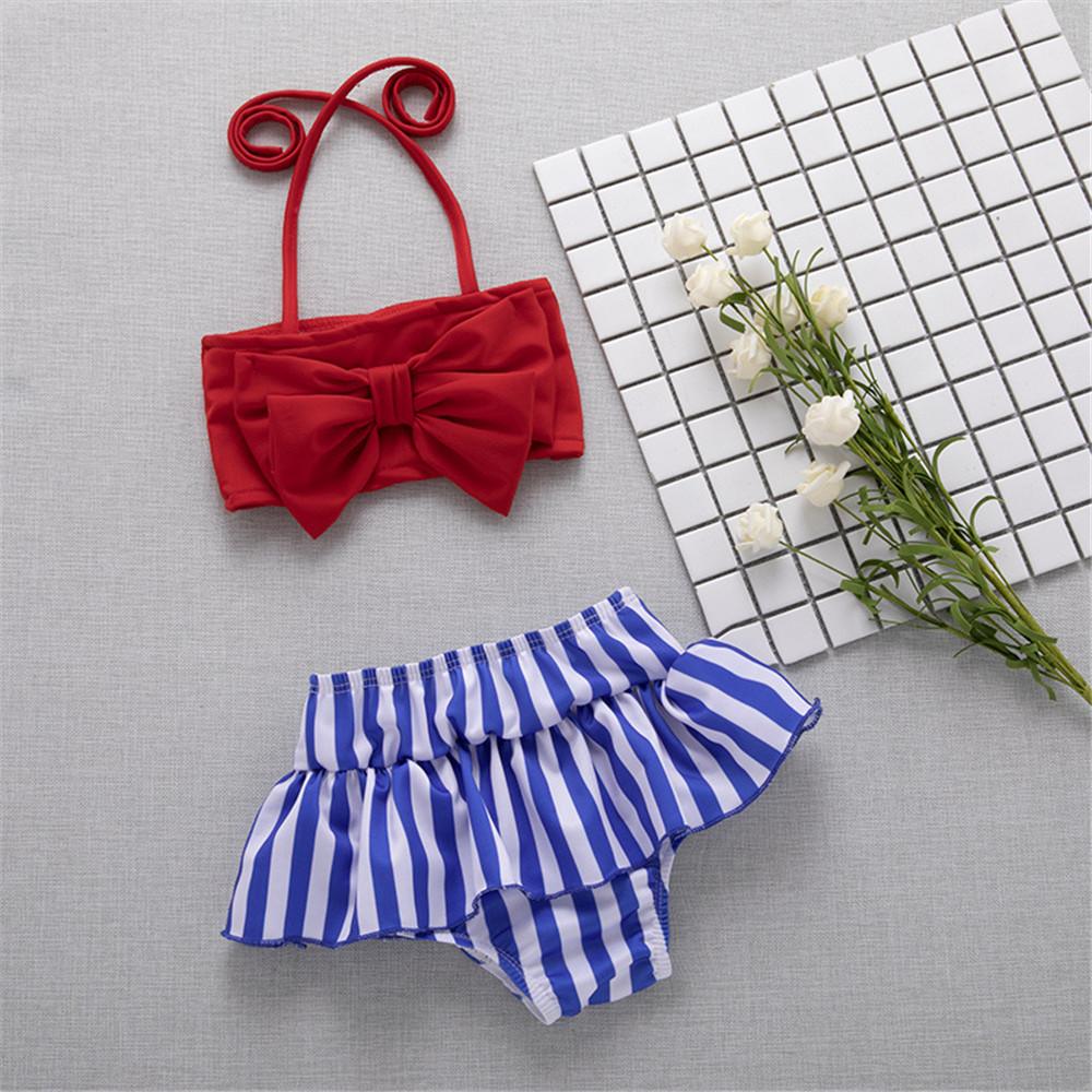 Girls Solid Bow Top & Striped Shorts Swimming Suit 2 Piece Swimsuit With Shorts