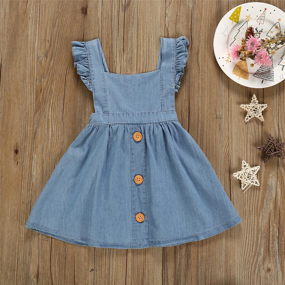 Girls Solid Button Flutter Sleeve Denim Dress wholesale kids boutique clothing