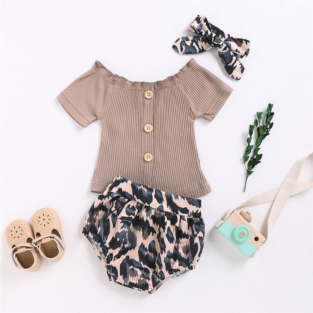 Baby Girls Solid Button Short Sleeve Top & Leopard Shorts & Headband Baby Clothes Wholesale