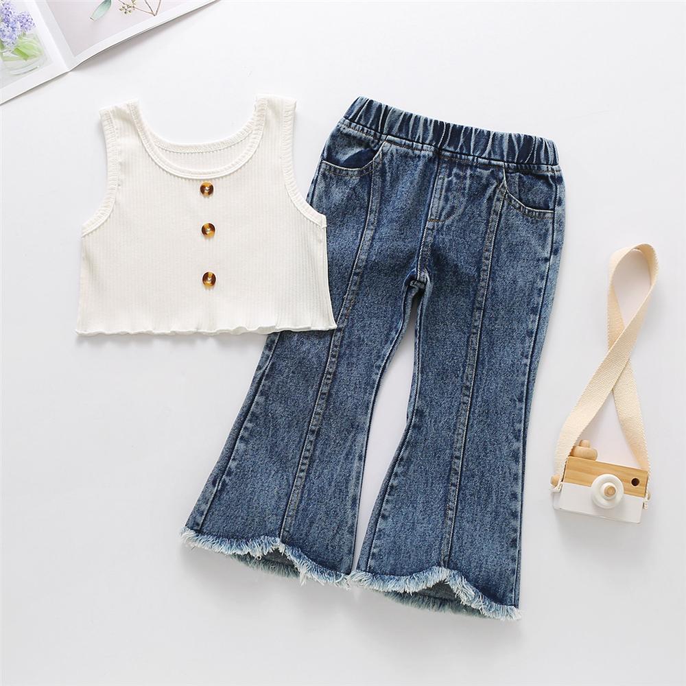 Girls Solid Button Sleeveless Top & Bell Jeans Kids Wholesale Clothing