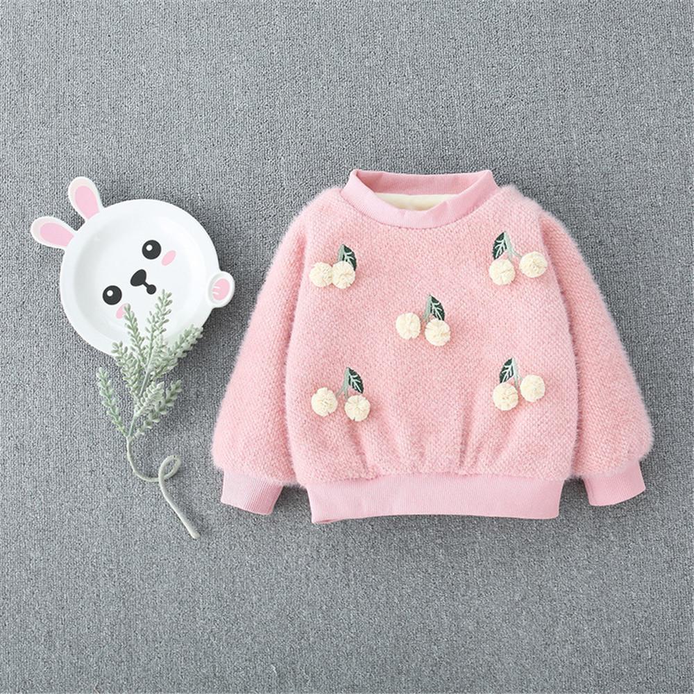 Girls Solid Cherry Fur Ball Long Sleeve Sweaters