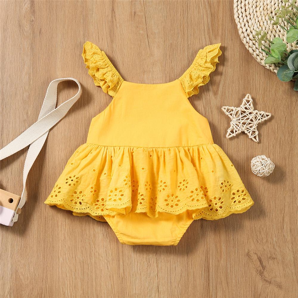 Baby Girls Solid Color Button Hollow-out Flutter-sleeve Romper Cheap Baby Clothes Wholesale