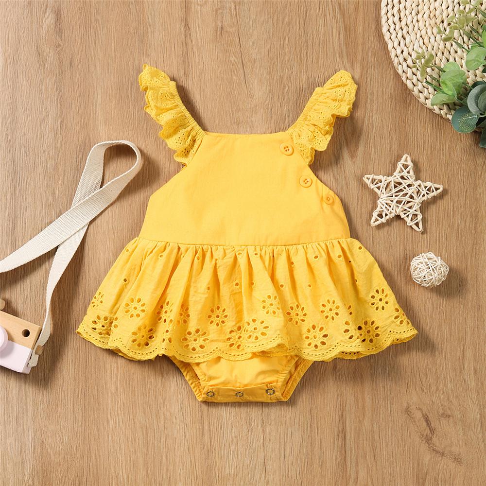 Baby Girls Solid Color Button Hollow-out Flutter-sleeve Romper Cheap Baby Clothes Wholesale