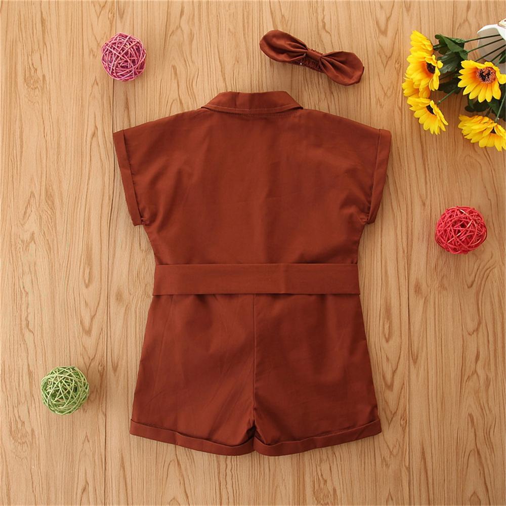 Girls Solid Color Button Lapel Short Sleeve Jumpsuit & Belt & Headband wholesale children's boutique clothing for resale