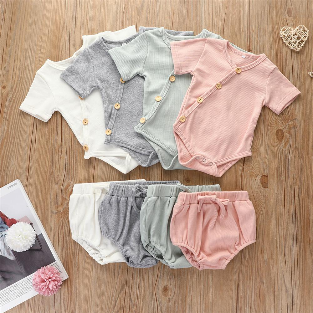 Baby Unisex Solid Color Button Short Sleeve Romper & Shorts Wholesale Baby Clothes Suppliers