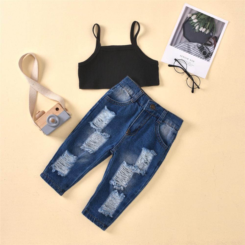 Girls Solid Color Fashion Tank Top & Ripped Jeans Girls Clothes Wholesale