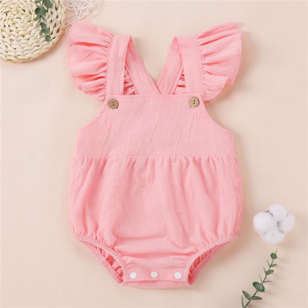 Baby Girls Solid Color Flutter-Sleeve Button Lovely Romper Baby Apparel Wholesale
