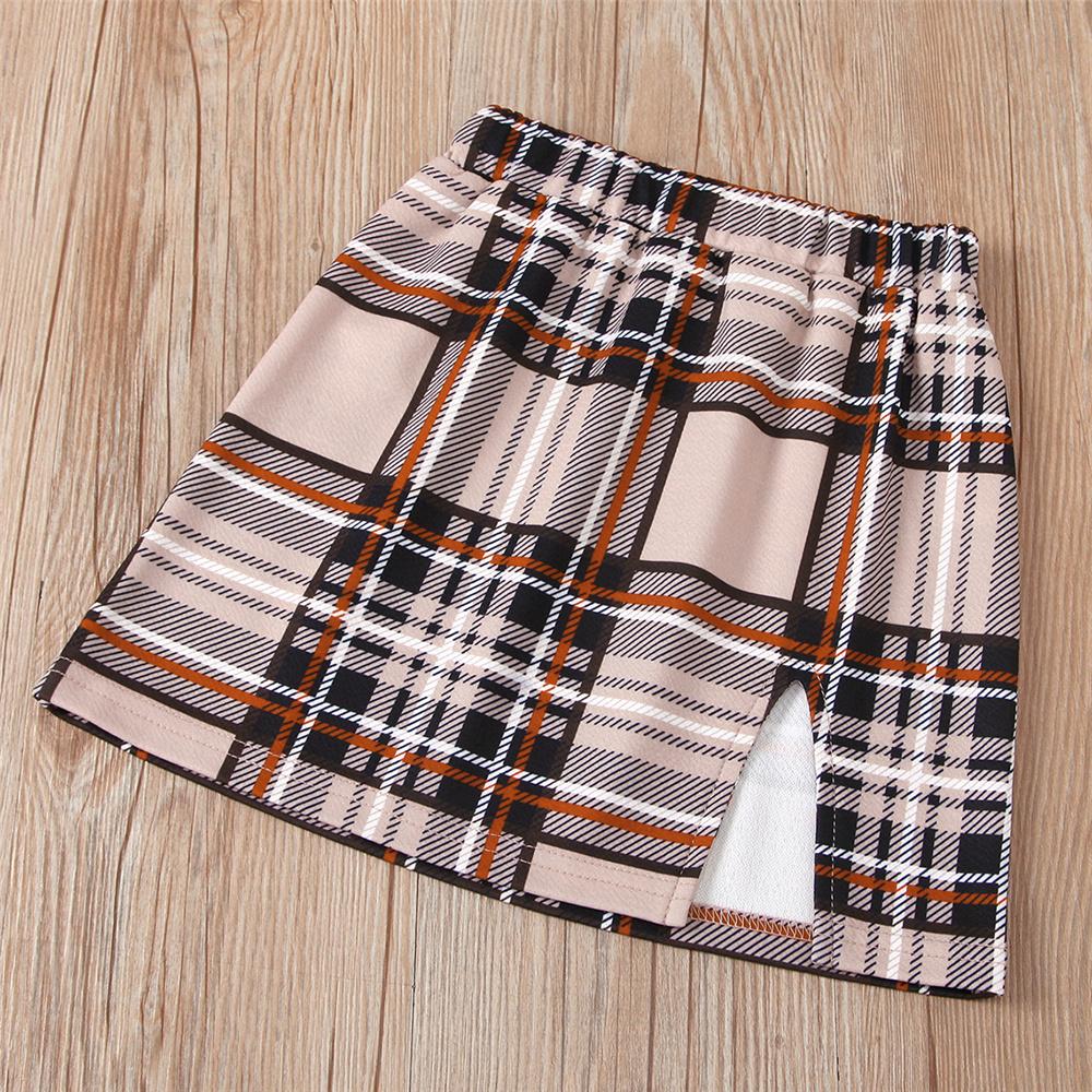 Girls Solid Color Flying Sleeve Pullover Top & Plaid Skirt Bulk Childrens Clothing Suppliers