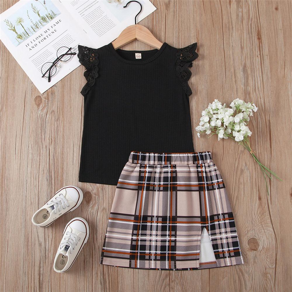 Girls Solid Color Flying Sleeve Pullover Top & Plaid Skirt Bulk Childrens Clothing Suppliers