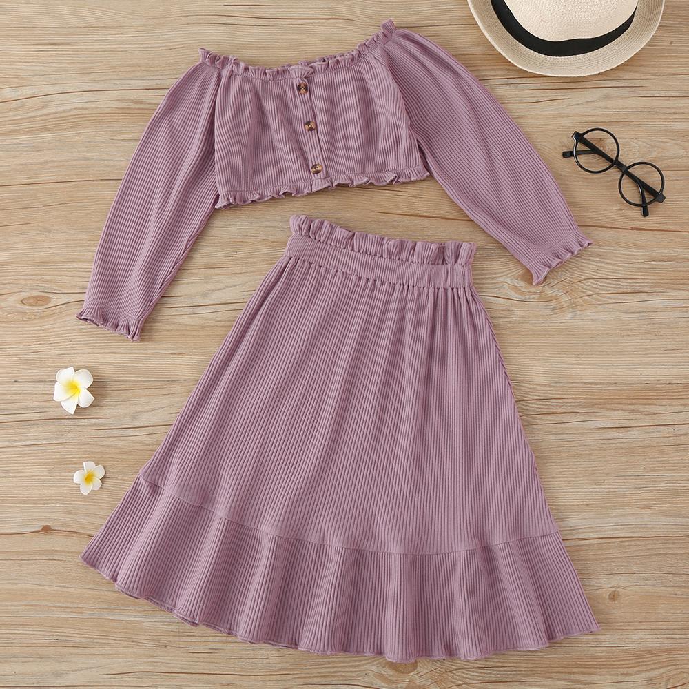 Girls Solid Color Long Sleeve Fashion Top & Skirt kids wholesale clothes