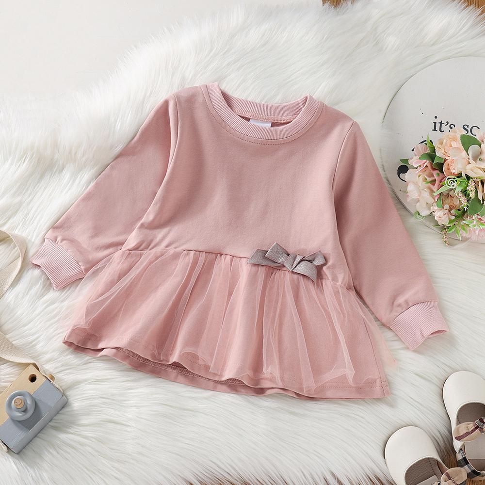 Girls Solid Color Long Sleeve Mesh Dress wholesale kids clothing