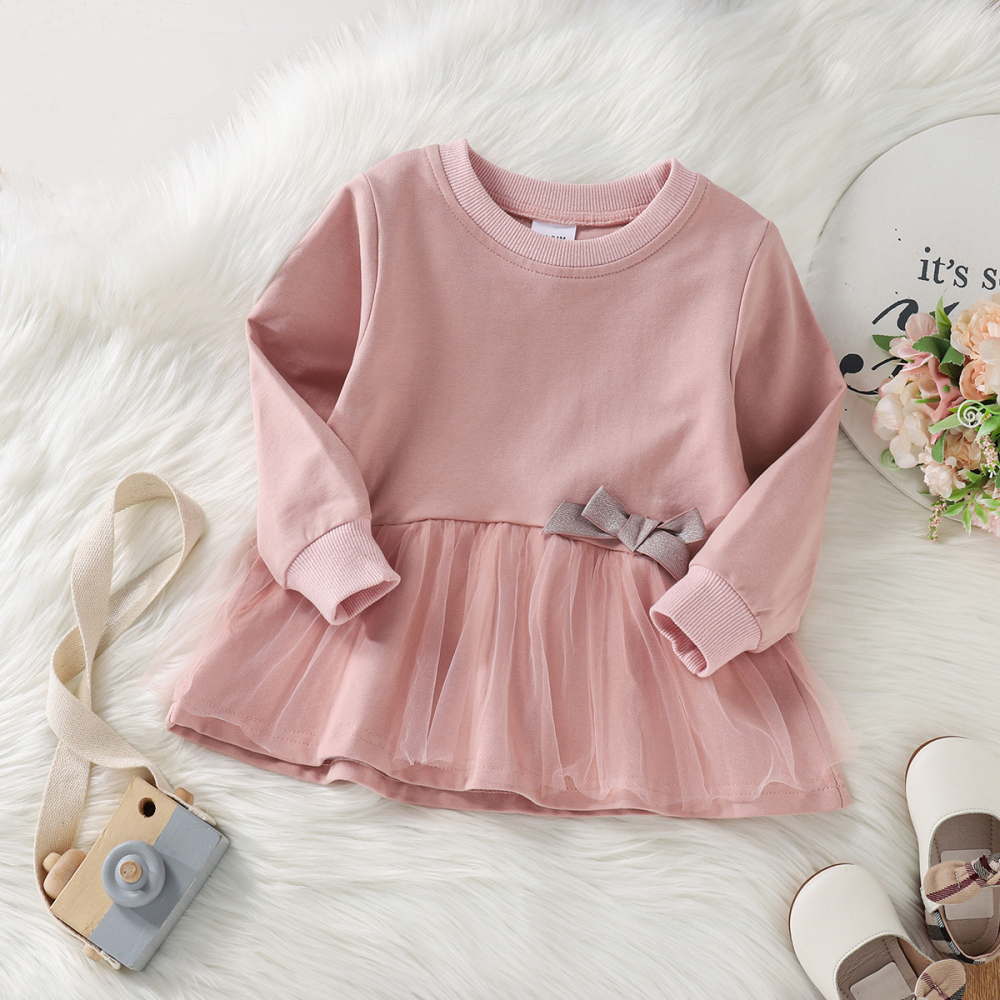 Girls Solid Color Long Sleeve Mesh Dress wholesale kids clothing