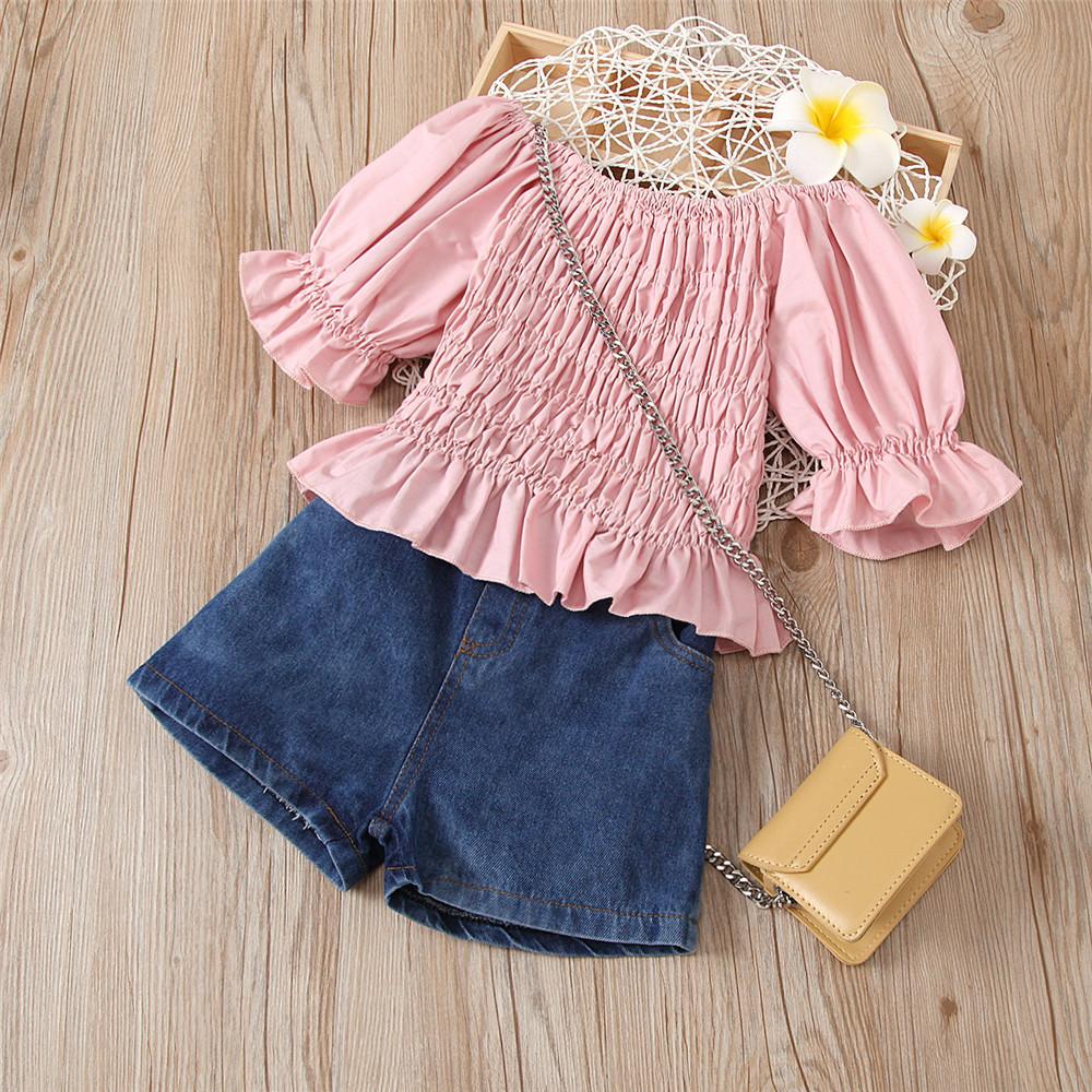 Girls Solid Color Pleated Pullover Top & Denim Shorts Toddler Clothing Wholesale