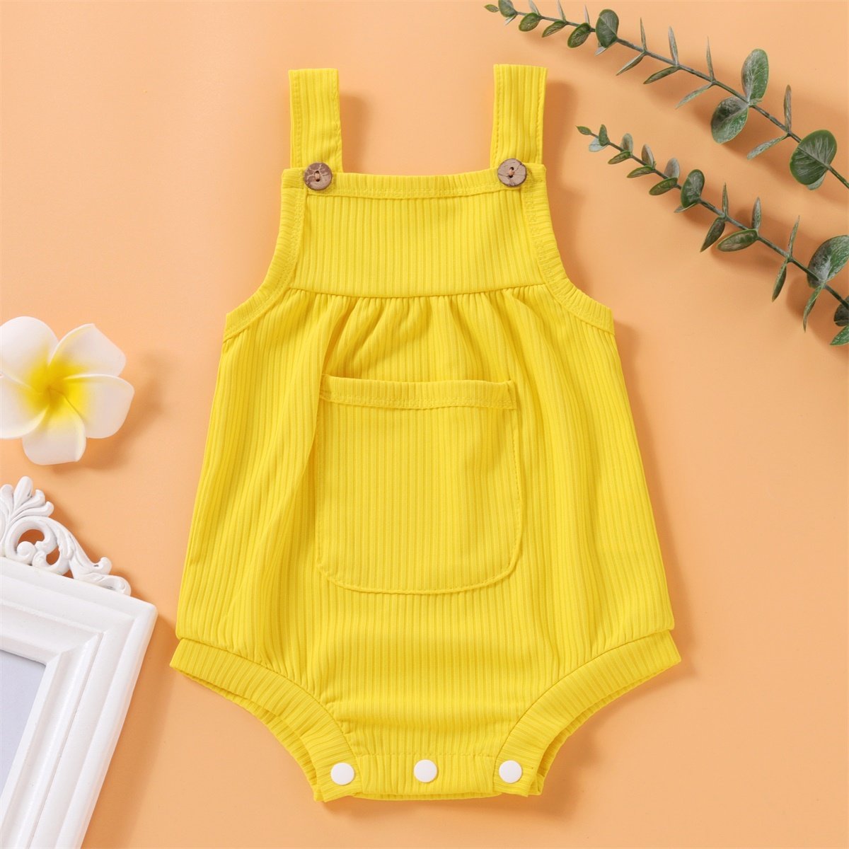 Baby Girls Solid Color Pocket Button Sling Romper Baby Clothes Wholesale Distributors