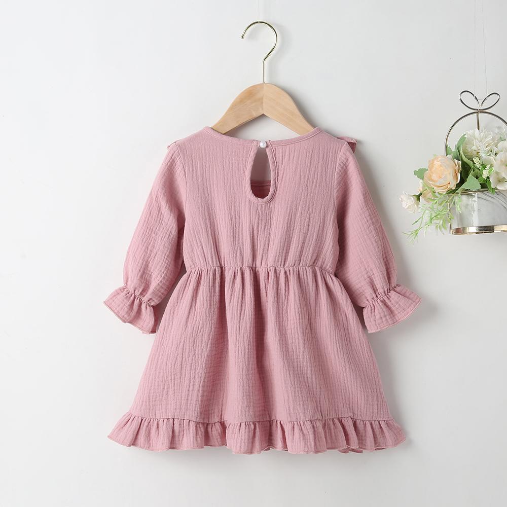 Baby Girls Solid Color Ruffled Long Sleeve Dress Wholesale Baby Clothes