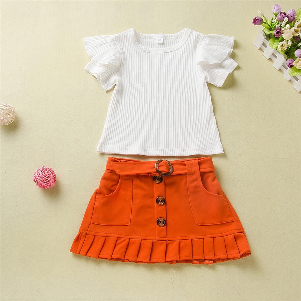 Girls Solid Color Ruffled Short Sleeve Top & Skirt Girls Boutique Clothes Wholesale