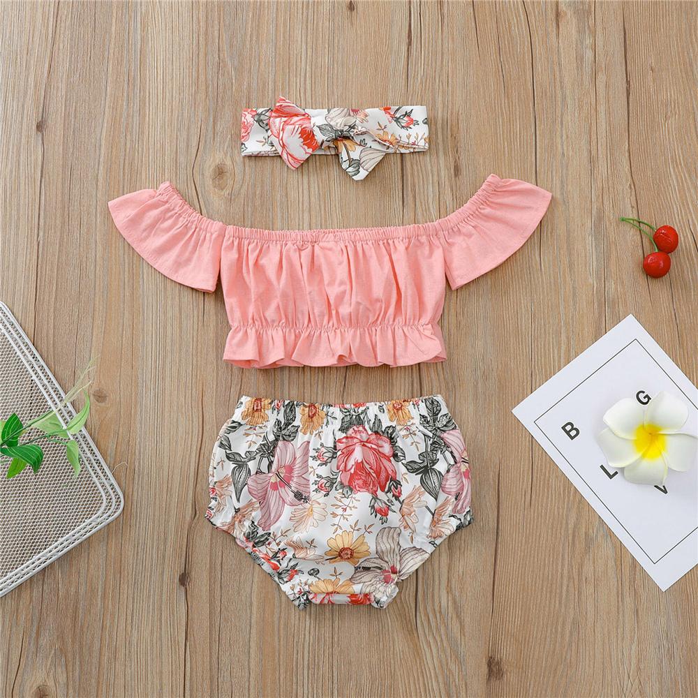 Baby Girls Solid Color Short Sleeve Off Shoulder Top & Floral Shorts & Headband Baby Wholesale