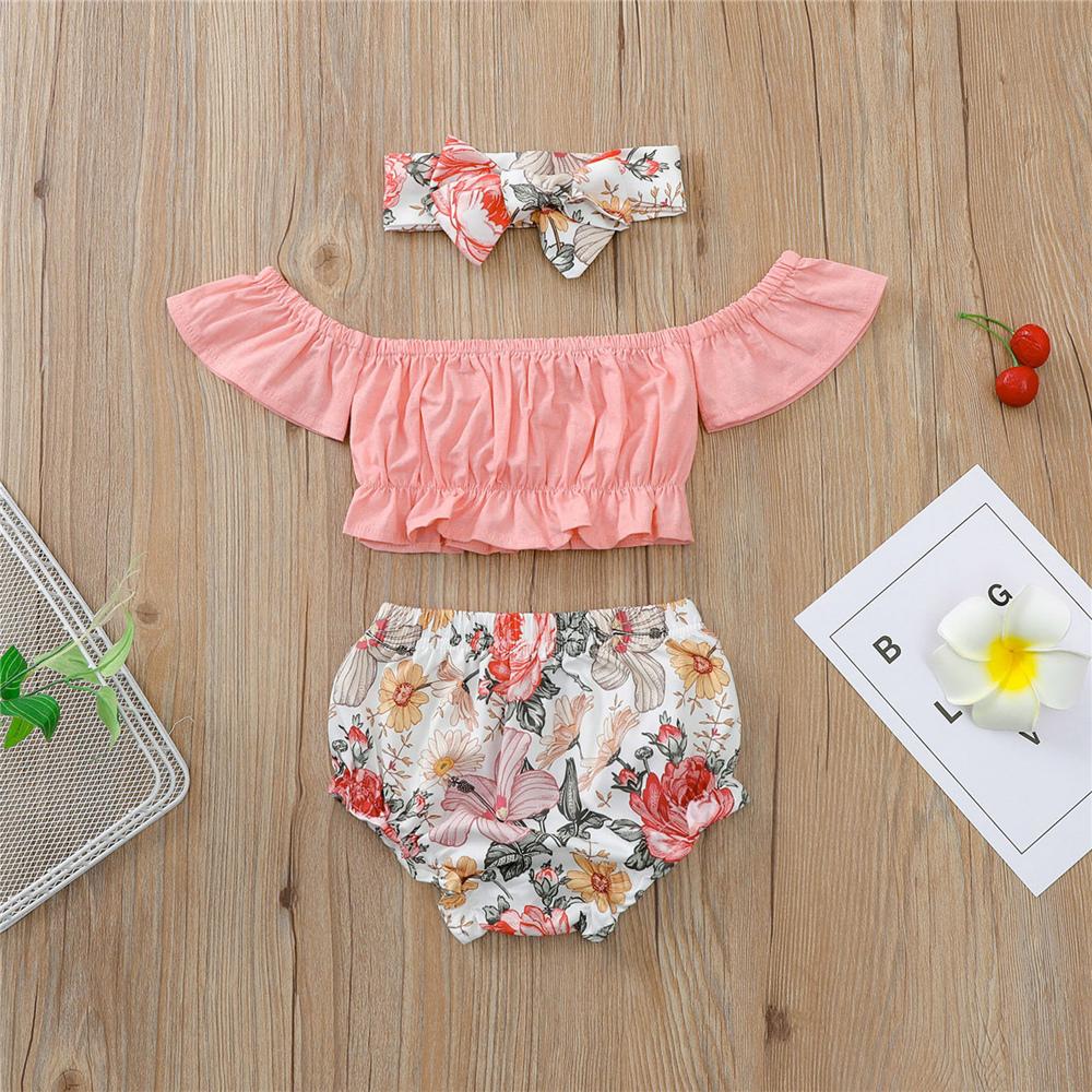 Baby Girls Solid Color Short Sleeve Off Shoulder Top & Floral Shorts & Headband Baby Wholesale