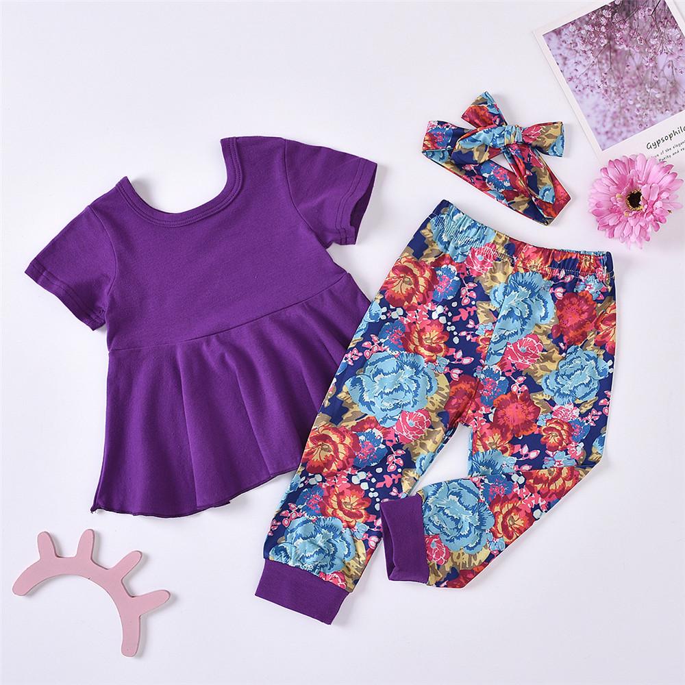 Baby Girls Solid Color Short Sleeve Pleated Top & Floral Pants & Headband Buy Baby Clothes Wholesale