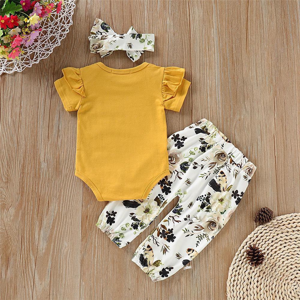 Baby Girls Solid Color Short Sleeve Romper & Floral Pants & Headband bulk baby clothes