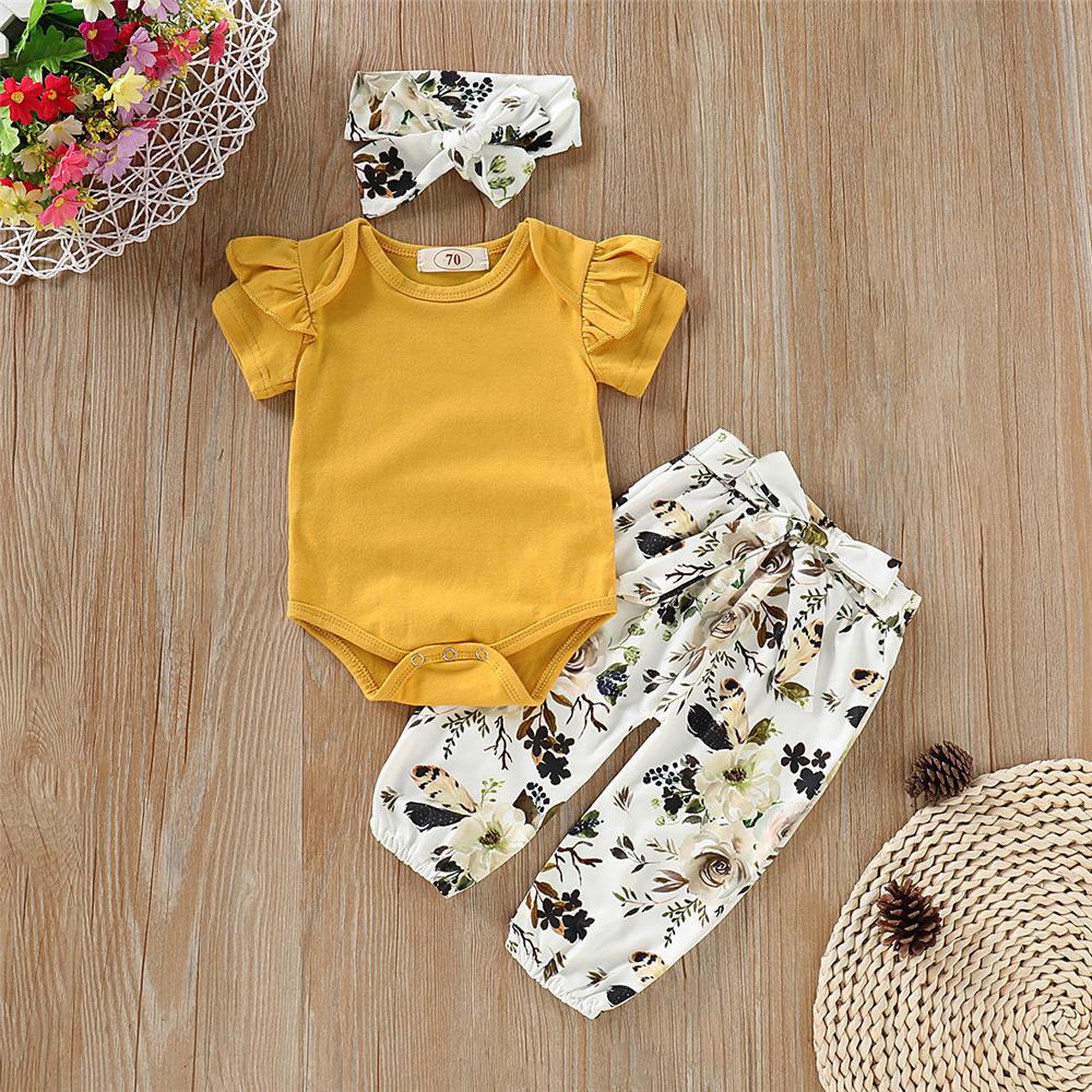 Baby Girls Solid Color Short Sleeve Romper & Floral Pants & Headband bulk baby clothes