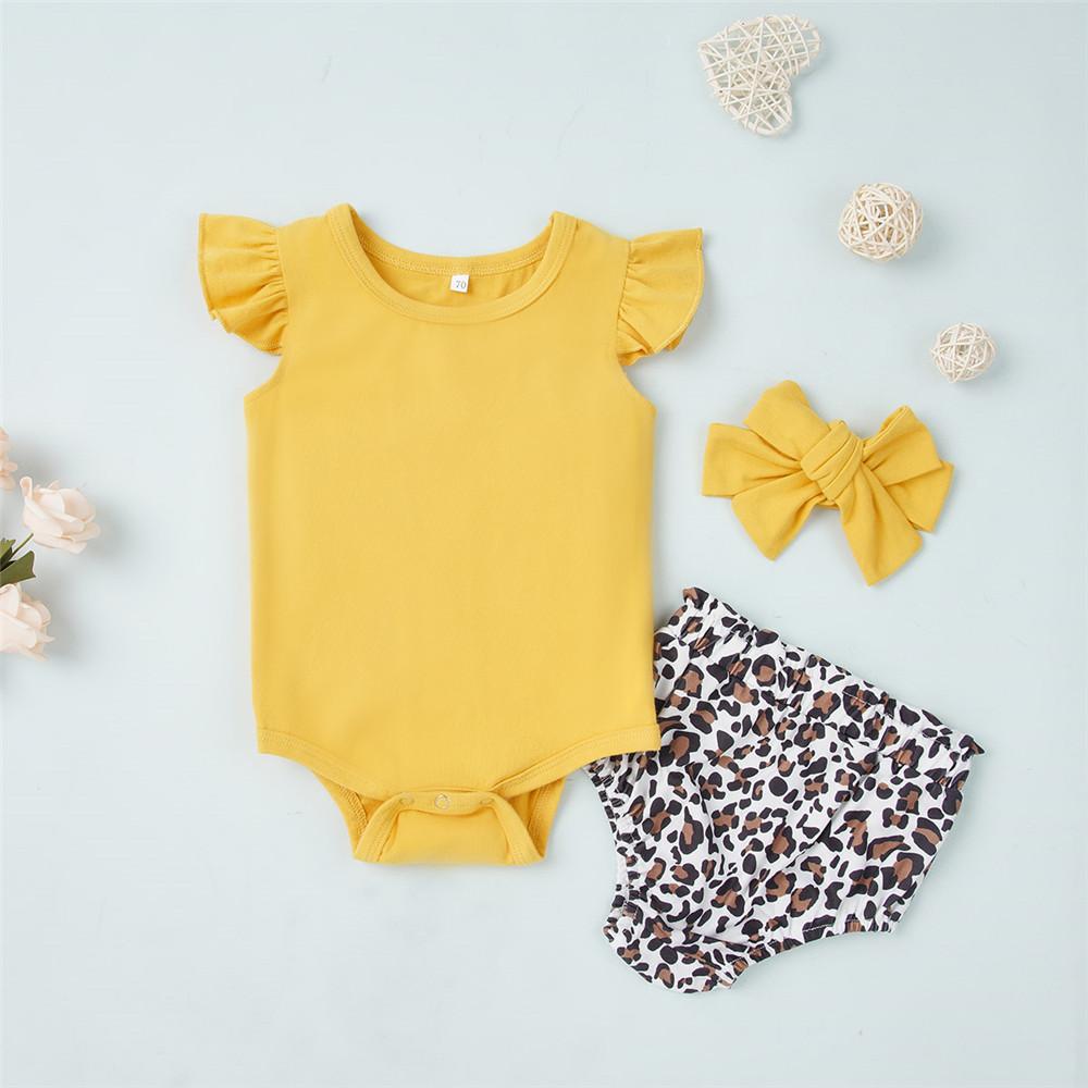 Baby Girls Solid Color Short Sleeve Romper & Leopard Shorts & Headband wholesale baby clothes
