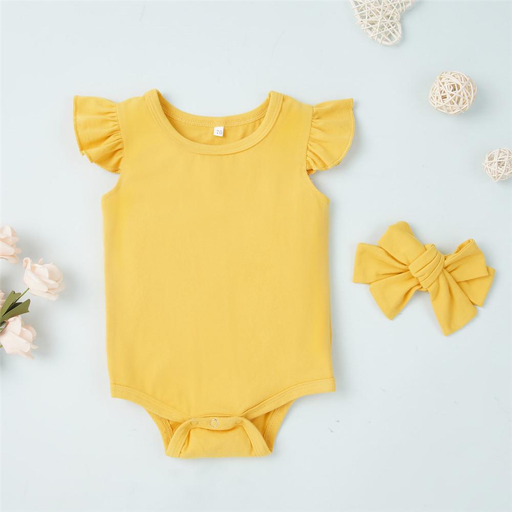 Baby Girls Solid Color Short Sleeve Romper & Leopard Shorts & Headband wholesale baby clothes