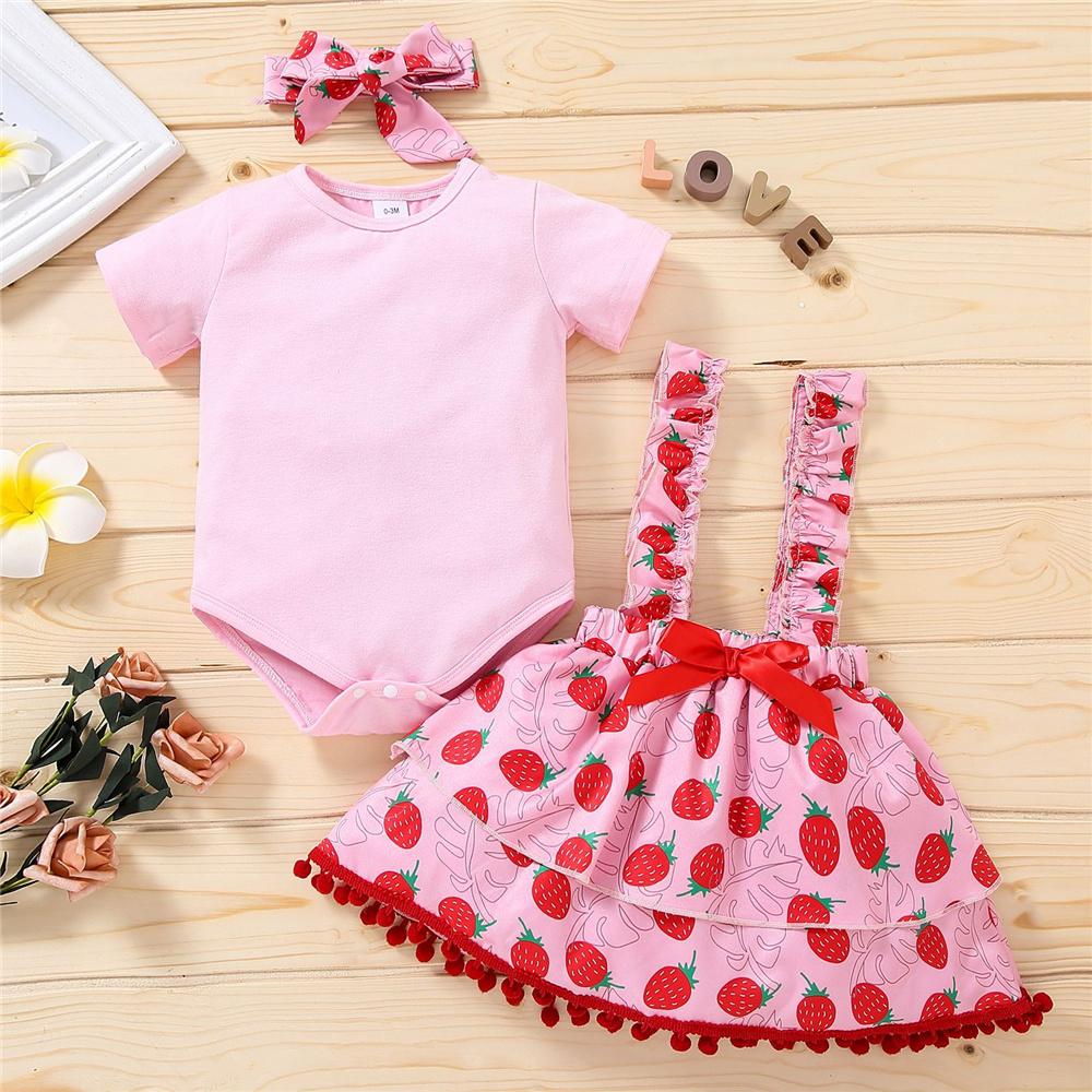 Baby Girls Solid Color Short Sleeve Romper & Strawberry Printed Suspender Skirt & Headband Wholesale Baby Clothes