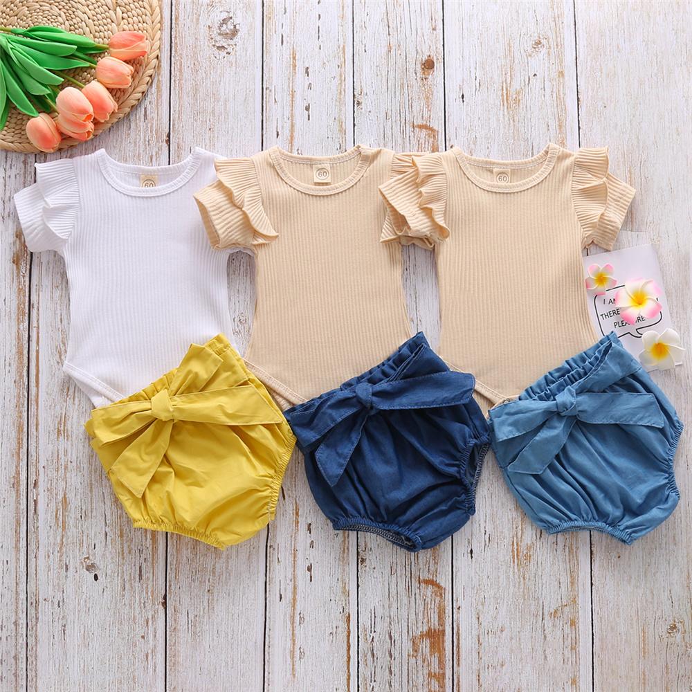 Baby Girls Solid Color Short Sleeve Ruffled Romper & Shorts Wholesale Baby Clothes