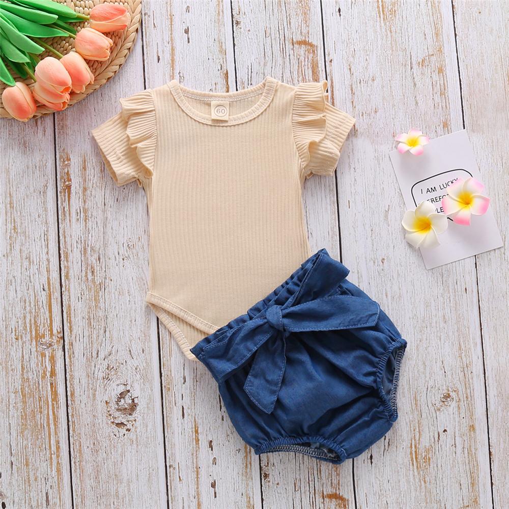 Baby Girls Solid Color Short Sleeve Ruffled Romper & Shorts Wholesale Baby Clothes