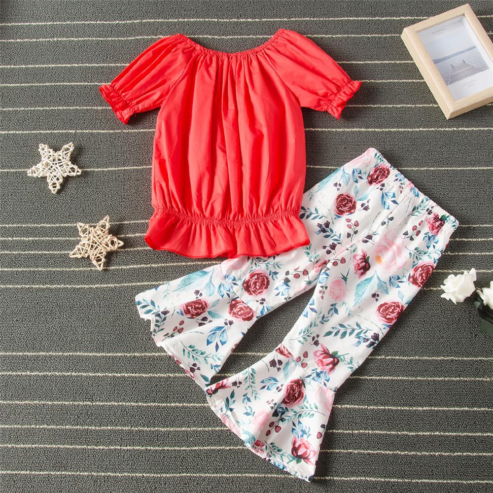 Girls Solid Color Short Sleeve Ruffled T-shirt & Bell Floral Pants kids wholesale