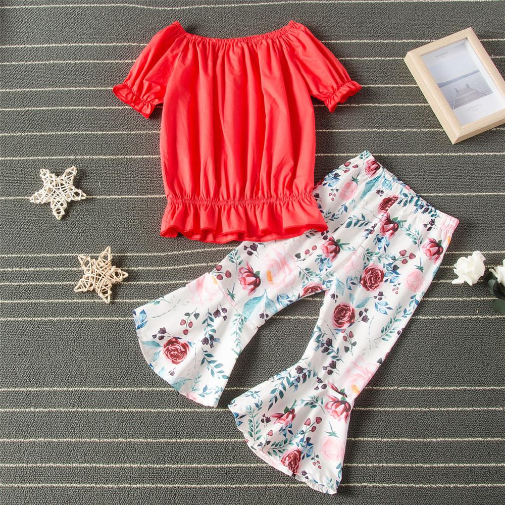 Girls Solid Color Short Sleeve Ruffled T-shirt & Bell Floral Pants kids wholesale