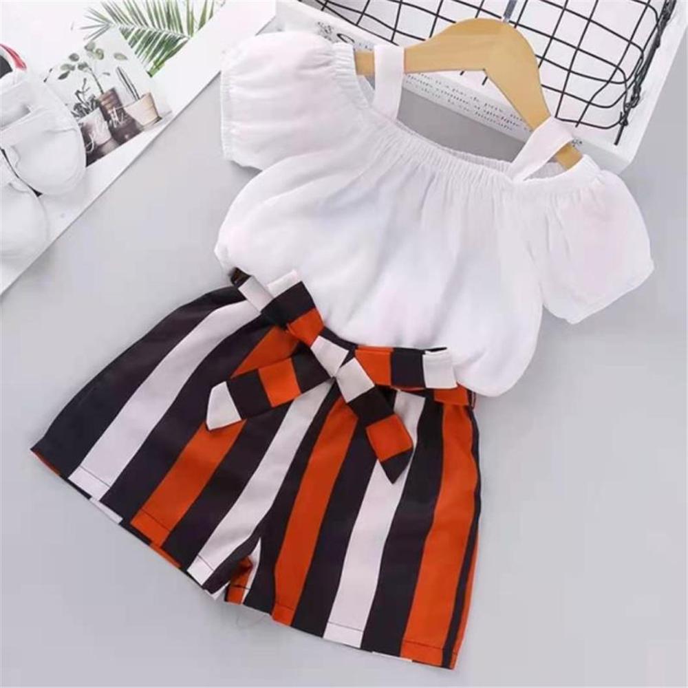 Girls Solid Color Short Sleeve Sling Top & Striped Shorts kids wholesale clothing