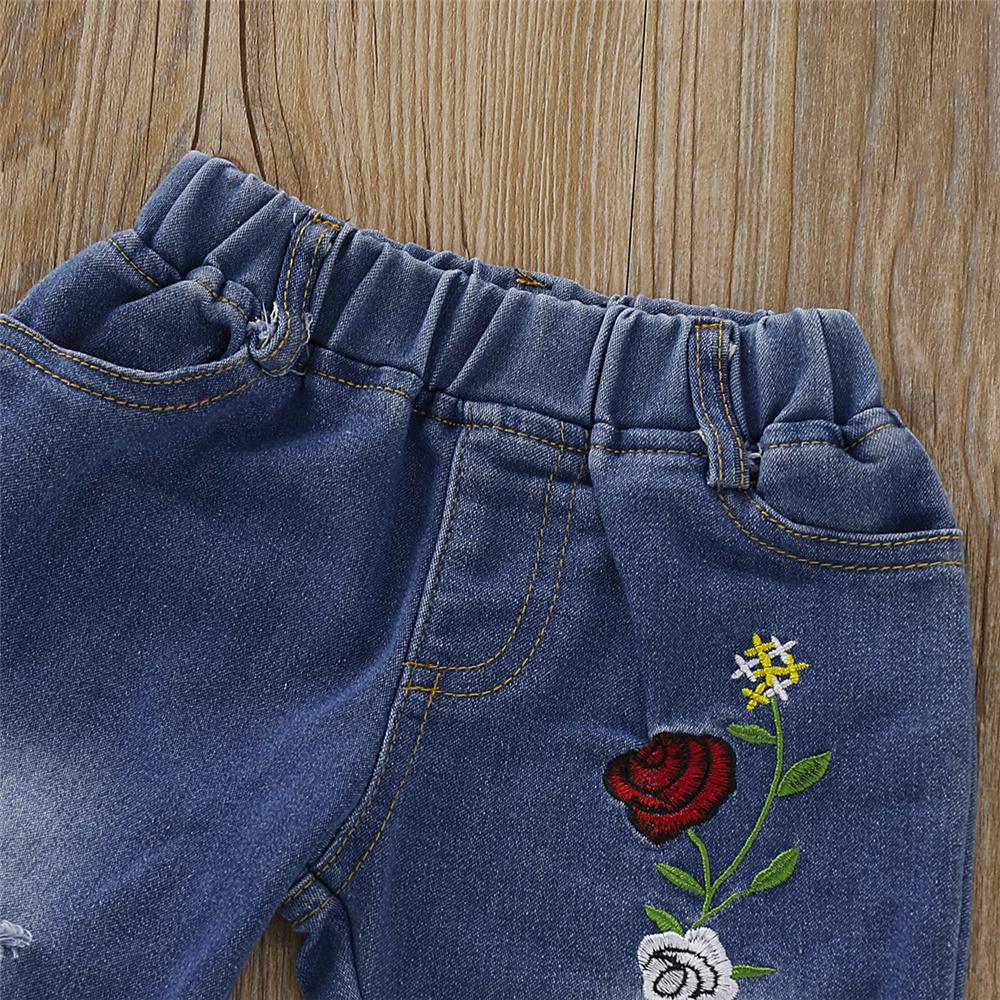 Girls Solid Color Short Sleeve Top & Ripped Rose Embroidery Jeans Girl Wholesale