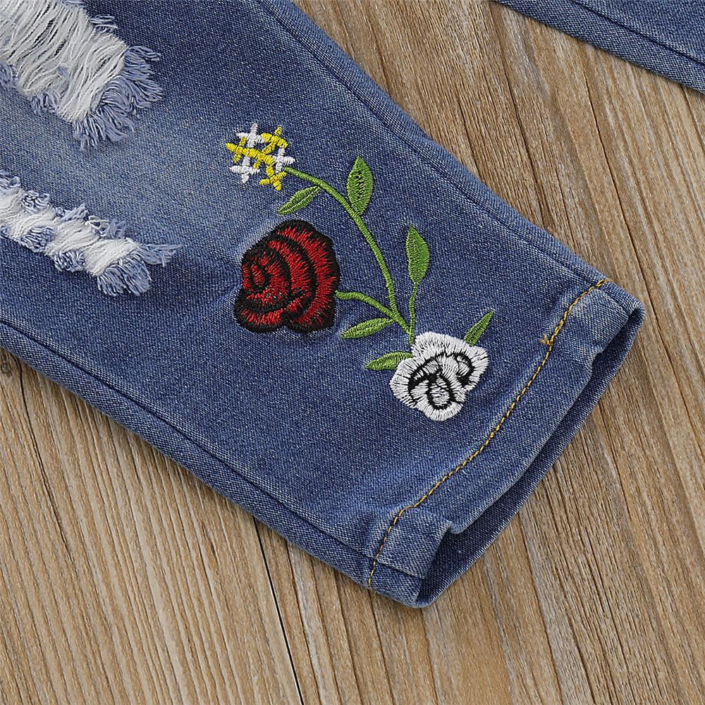 Girls Solid Color Short Sleeve Top & Ripped Rose Embroidery Jeans Girl Wholesale