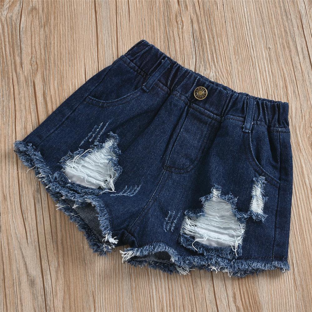 Girls Solid Color Short Sleeve White Top & Denim Shorts children's club wholesale
