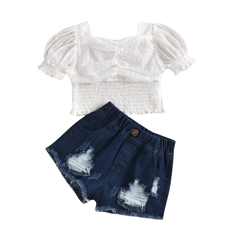 Girls Solid Color Short Sleeve White Top & Denim Shorts children's club wholesale